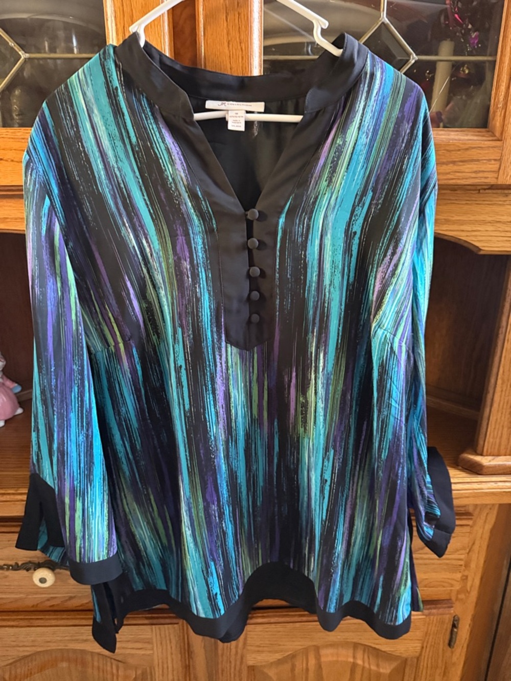 JM Collection Black Tunic with Teal & Purple Brushstripes